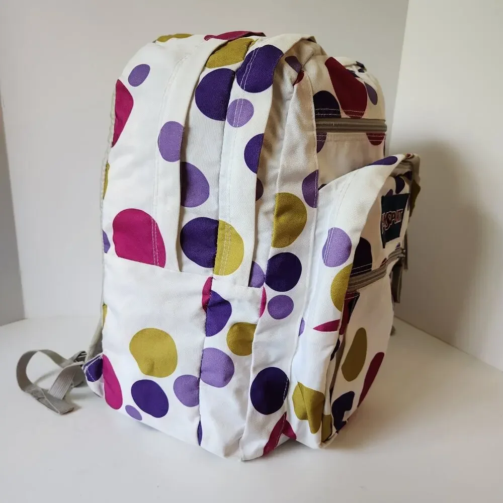 Y2K Jansport White Polka Dot Backpack Pink Purple Gold School Book Bag Large